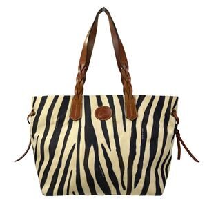 Dooney & Bourke Zebra Canvas Tote Leather Trim Shoulder Bag Red Lining